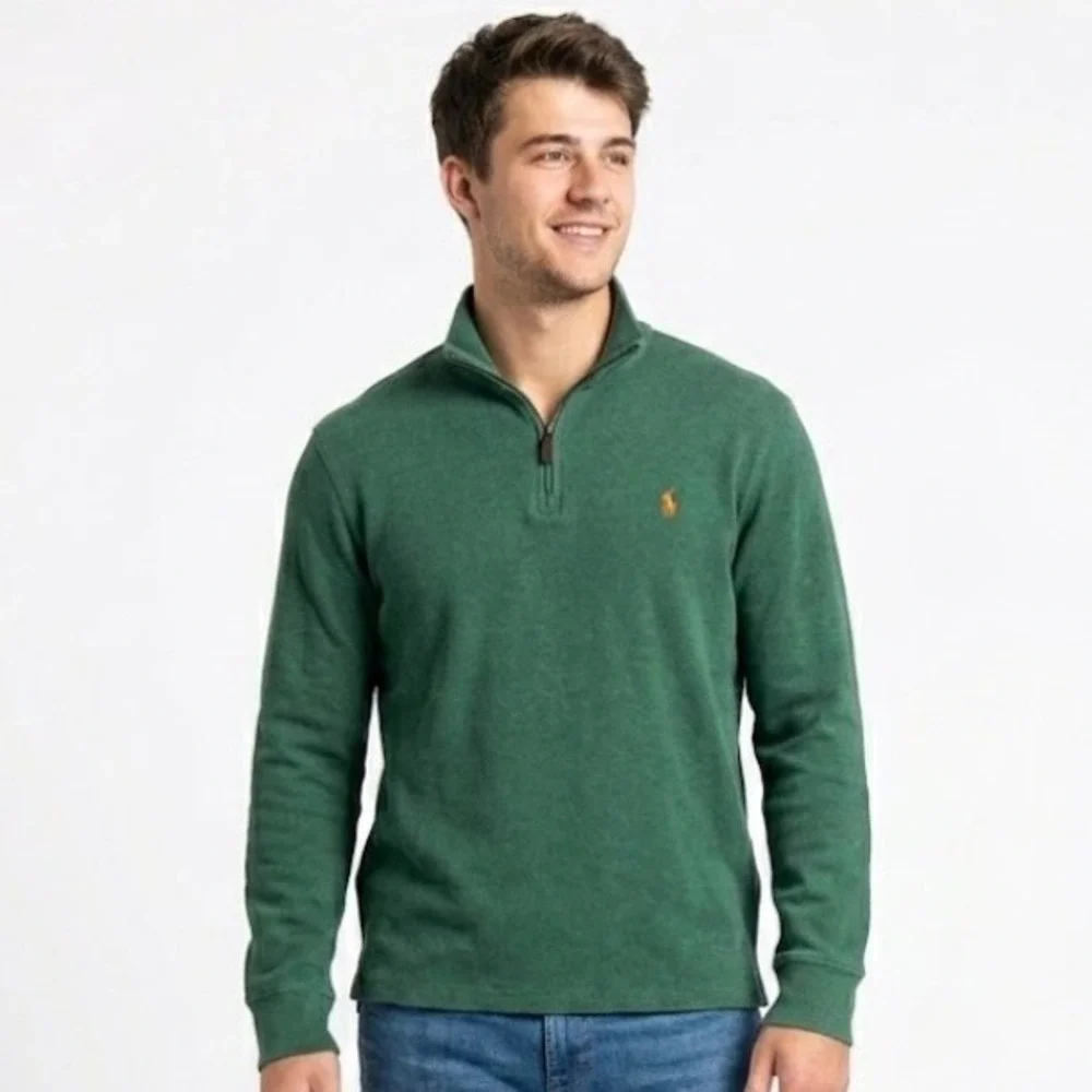Polo‎ Ralph Lauren Quarter Zip Pullover Mens Medium Green Cotton Knit Preppy